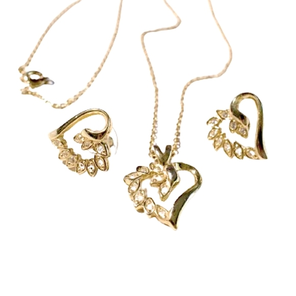 ๐๐ Vintage Gold Base Rhinestones Half Journey Heart Pendant & Earring Set - Picture 1 of 8